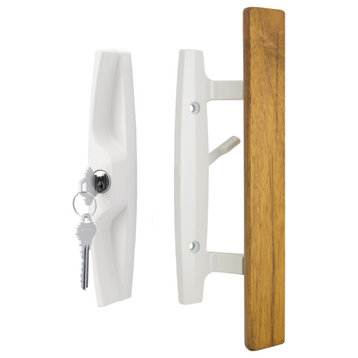 Lanai Sliding Glass Door Handle Set, Keyed, Oak Wood Pull, White, 1-1/2" Thick D
