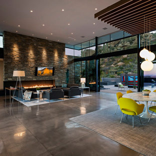 Offenes, Großes Modernes Esszimmer mit bunten Wänden, Betonboden, Gaskamin, Kaminsims aus Stein und grauem Boden in Phoenix