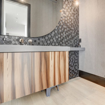 A contemporary bathroom with floating vanity