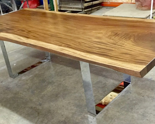 Chrome U Leg Single Slab Live Edge Monkeypod Dining Table