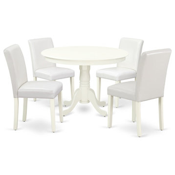 5-Piece Round 42" Dinette Table, Four Parson Chair, Pu Leather Color White