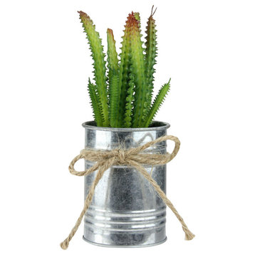 7" Green Mini Artificial Spiky Greenery in Tin Planter with Twine Bow
