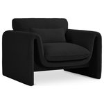 Meridian Furniture - Stylus Boucle Fabric Upholstered Chair, Black - Impress family and guests alike with this Stylus boucle fabric chair. This modish chair oozes contemporary panache with its curved arms and unexpected design elements. Thickly padded seat and back cushions cradle your body in supportive comfort while the rich black boucle fabric caresses the skin and leaves you feeling relax and recharged. A wood frame ensures that the chair withstands the rigors of daily use without losing its lovely yet contemporary look.