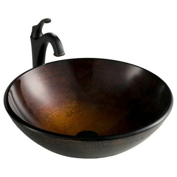 Above Counter Brown Glass Bathroom Sink With Faucet, Oil Rubbed Bronze