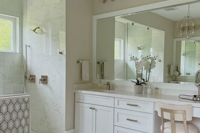 Example of a large trendy master white tile and stone tile porcelain tile, white floor and single-sink bathroom design in Chicago with recessed-panel cabinets, white cabinets, quartz countertops, white countertops and a built-in vanity