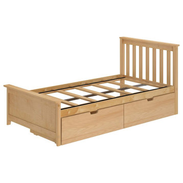 Twin Platform Bed, Slatted Support With Panel Footboard and 2 Drawers, Natural