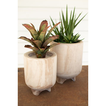 Kalalou Cfan1066 Set Of Two Hand Carved Wooden Planters