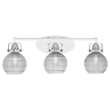 Easton 3 Light Bath Bar, White & Brushed Nickel, 6" Clear Ribbed Glass