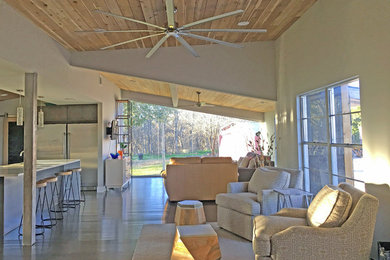 Inspiration for a mid-sized contemporary formal and open concept medium tone wood floor and brown floor living room remodel in Austin with gray walls, no fireplace and no tv