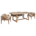 Armen Living - Vivid Outdoor Patio Dining Set, Olefin Cushions, Taupe, 5-Piece Set - Transform your outdoor dining space with the Vivid Outdoor Patio Dining Set, a harmonious combination of the Vivid Outdoor Patio Dining Table and Dining Chairs. Crafted with precision and care, the dining table is a masterpiece of design and durability. Made from resilient Eucalyptus wood, it seamlessly blends form and function, offering a timeless aesthetic that withstands the tests of time and weather. Water-resistant and UV-resistant, this table stands strong in various outdoor conditions, providing a steadfast centerpiece for your gatherings. Its warm hue complements various outdoor chairs and settings, creating a welcoming space for all dining. Paired with the dining table is the Vivid Outdoor Patio Dining Chair, an exquisite blend of elegance and durability. Crafted with the timeless appeal of Eucalyptus wood, this dining chair combines style with resilience. Water-resistant and UV-resistant, it remains unfazed by the whims of weather, ensuring a reliable and stylish seating solution. The plush Olefin cushions in a soothing gray tone add an extra layer of comfort to your outdoor dining experience. With water-resistant properties and easily removable covers, these cushions make maintenance a breeze, ensuring your dining chair stays inviting and fresh. Elevate your outdoor dining setup with the Vivid Outdoor Patio Dining Set. Whether enjoying a quiet dinner for two or hosting a larger gathering, this set offers a perfect balance of style and functionality. Invest in quality outdoor furniture that not only complements your patio but also enhances your overall dining experience. Create a focal point for cherished moments with the Vivid Outdoor Patio Dining Set in Eucalyptus Wood.