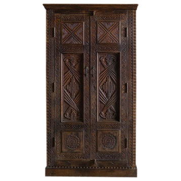 Consigned Antique Armoire, Dark Brown Beautiful Cabinet, Carving Armoire 74x40