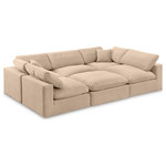 Meridian Furniture - Comfy Upholstered U-Shaped Modular Sectional, Beige, 6-Piece: 3 Armless Chair, 2 Corner Chair, 1 Ottoman, Velvet - Give your space a whole new look with this beige Comfy velvet sectional. This handsome sectional fits nicely with other items in the Comfy collection and is a versatile seating option designed for adaptability, comfort and style. Wrapped in rich beige durable velvet upholstery, this sectional offers a plush embrace of overstuffed down feather cushions, carefully crafted to deliver the highest level of comfort. The perfect seat for creating an oasis for relaxation, this sectional has thick foam surrounding its frame for added support and coziness.