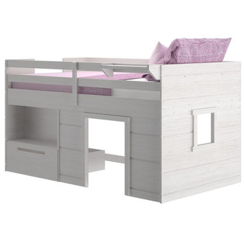 Low Profile Twin Loft Bed, Hardwood Frame With Plenty Storage Space, White