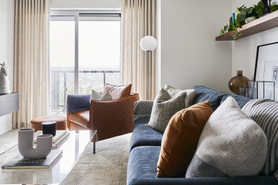 Example of a mid-sized transitional formal and open concept vinyl floor and brown floor living room design in Toronto