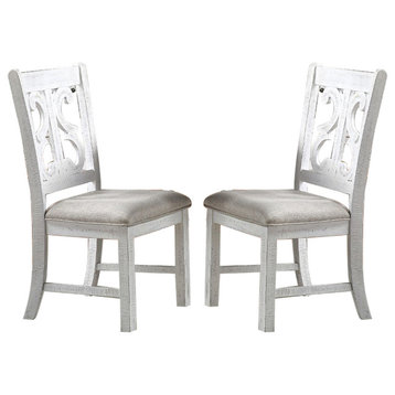 Fabric And Wooden Side Chair Of 2 with Backrest, Distressed White