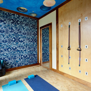 Inspiration for an eclectic home yoga studio in New York with multi-coloured walls.