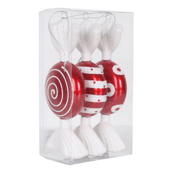 Vickerman 7" Flat Plastic Candy Iridescent Glitter, Set of 3, Red and White
