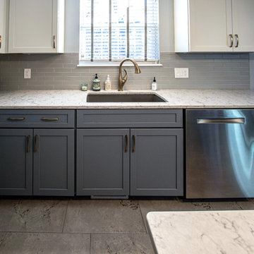 Two Tone Medallion White and Blue Kitchen with Gray Backsplash