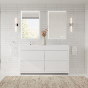 Boutique Bath Vanity, High Gloss White, 60", Double Sink, Freestanding