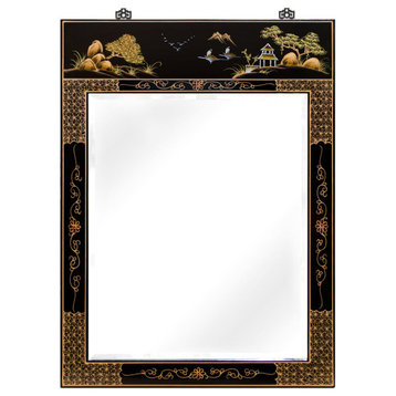 Black Lacquer Chinoiserie Scenery Motif Oriental Vertical Mirror