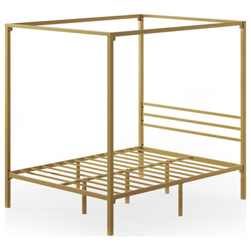 Elegant Gold Canopy Bed, Thick Frame & Sturdy Metal Slats, Matte Finish, Queen