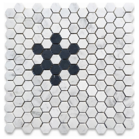 Carrara White 1" Hexagon Black Marble Snowflake Mosaic Tile Honed, 1 sheet