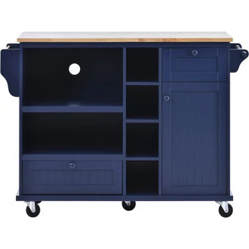 Spacious Kitchen Island Cart, Side Cabinet & Open Shelves, Dark Blue/Natural
