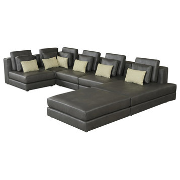 Modern Sectional Sofa, U Shaped Design With Genuine Leather Upholstery, Black