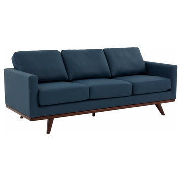 LeisureMod Chester Mid-Century 3-Seater Leather Modern Sofa, Navy Blue