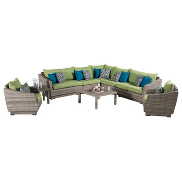 Cannes 9 Piece Sunbrella Outdoor Corner Sectional and Club Chair Seating Set, Ginkgo Green