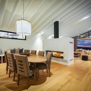 ウロンゴンのコンテンポラリースタイルのLDKの画像 (白い壁、無垢フローリング、両方向型暖炉、茶色い床)