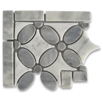 Flower Mosaic Accent Tile Carrara White Carrera Marble Gray Polished, 1 sheet