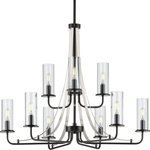 Progress Lighting - Riley Collection Black Nine-Light Chandelier - Incorporate a sleek simplicity and natural beauty with this chandelier. Clear glass shades are ready to offer stunning, rejuvenating illumination. The shades rest on a gorgeous dual-tone frame with a black finish accented by a brushed nickel trim that manifests feelings of tranquility and serenity.