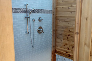 Example of a mid-sized transitional doorless shower design in New York