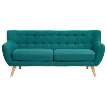 Retro Sofa, Natural Wooden Legs & Polyester Seat With Button Tufted Back, Teal