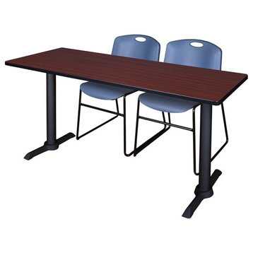 Cain 60"x24" Training Table, Mahogany and 2 Zeng Stack Chairs, Blue