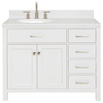 Ariel Bristol 42" Single Left Oval Sink Bathroom Vanity, Carrara Quartz, White
