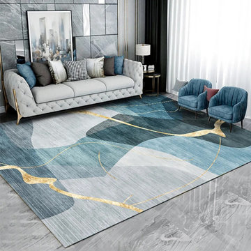 Light Luxury Modern Style Retangular Blue & Gold Florid Area Rug