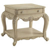 Classic End Table, Cabriole Legs & Square Top With Unique Carving, Antique White