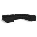 Meridian Furniture - Ames Boucle Fabric U-Shaped Modular Sectional, Black, 7-Piece: 3 Armless Chair, 3 Corner Chair, 1 Ottoman - Introduce a touch of modern sophistication to your living area with the exquisite Ames Boucle Fabric Sectional. With plush black boucle fabric and unique design, it will elevate the visual appeal of your living space. This elegant and captivating sectional can be mixed and matched with other pieces from the collection to create an endless array of stunning looks. So, get ready to transform your living area into an inviting and stylish haven with the Ames Boucle Fabric Sectional.