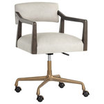 Sunpan - Keagan Office Chair, Gray - Design an inviting office space with the mid-century inspired Keagan office chair. The exposed dark brown oak wood arms and bronze base offers an airy element while paired with saloon light grey, cortina black and shalimar tobacco genuine leather. Handle with Care: This design has been crafted with 100% genuine leather. Leather is a natural material; as such, colour variations, markings, wrinkles, grooves and light scratches are acceptable and appreciated characteristics. No two pieces are alike. Visit our Product Care page for more information on how to ensure the lasting beauty of this piece.