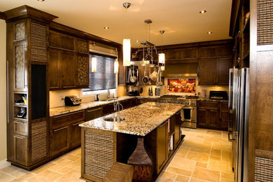 Kitchen - large modern u-shaped kitchen idea in Other with an undermount sink, shaker cabinets, medium tone wood cabinets, granite countertops, stainless steel appliances and an island