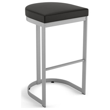 Amisco Lester Stool, Black Faux Leather/Shiny Gray Metal, Bar Height