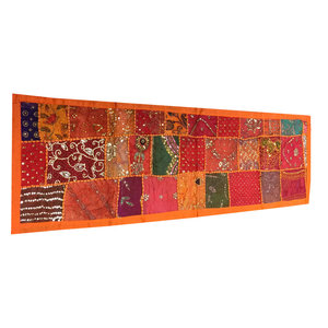 Mogul Interior - Consigned Patchwork Orange Indian Sequin Hand embroidered Wall Tapestry - Table Runners