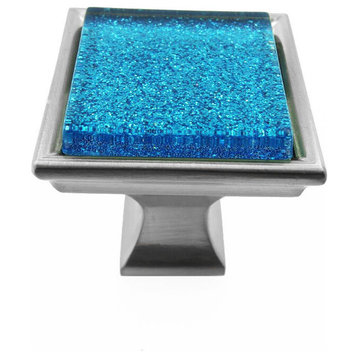 Sparkling Aquamarine Blue Sand Crystal Glass Brushed Nickel Madison Classic Knob