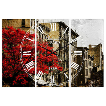Red Tree On Black and White New York Street industrial 3 Panels Clock