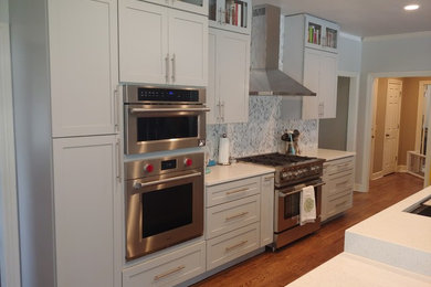 Inspiration for a large transitional single-wall light wood floor eat-in kitchen remodel in Other with a single-bowl sink, shaker cabinets, gray cabinets, quartzite countertops, multicolored backsplash, stainless steel appliances, an island, white countertops and mosaic tile backsplash