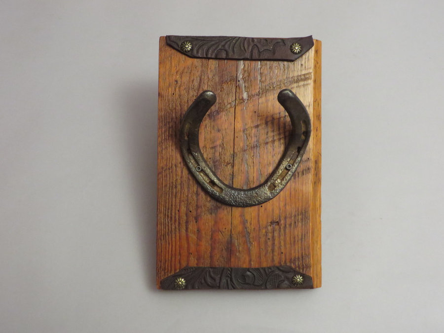 HorseShoe Rack. Reclaimed Pine, Shoes & Leather.