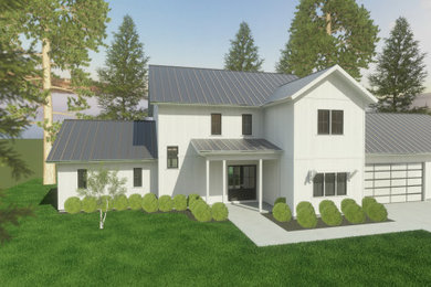 Large country white concrete fiberboard and board and batten exterior home idea in Boise with a metal roof and a black roof