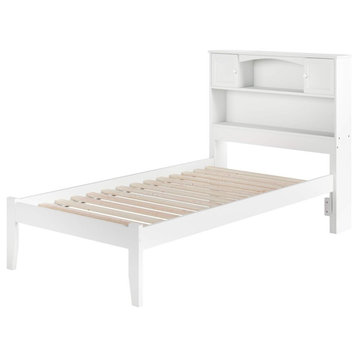 Twin Platform Bed, Hardwood Headboard With Cabinets and Open Shelf, White